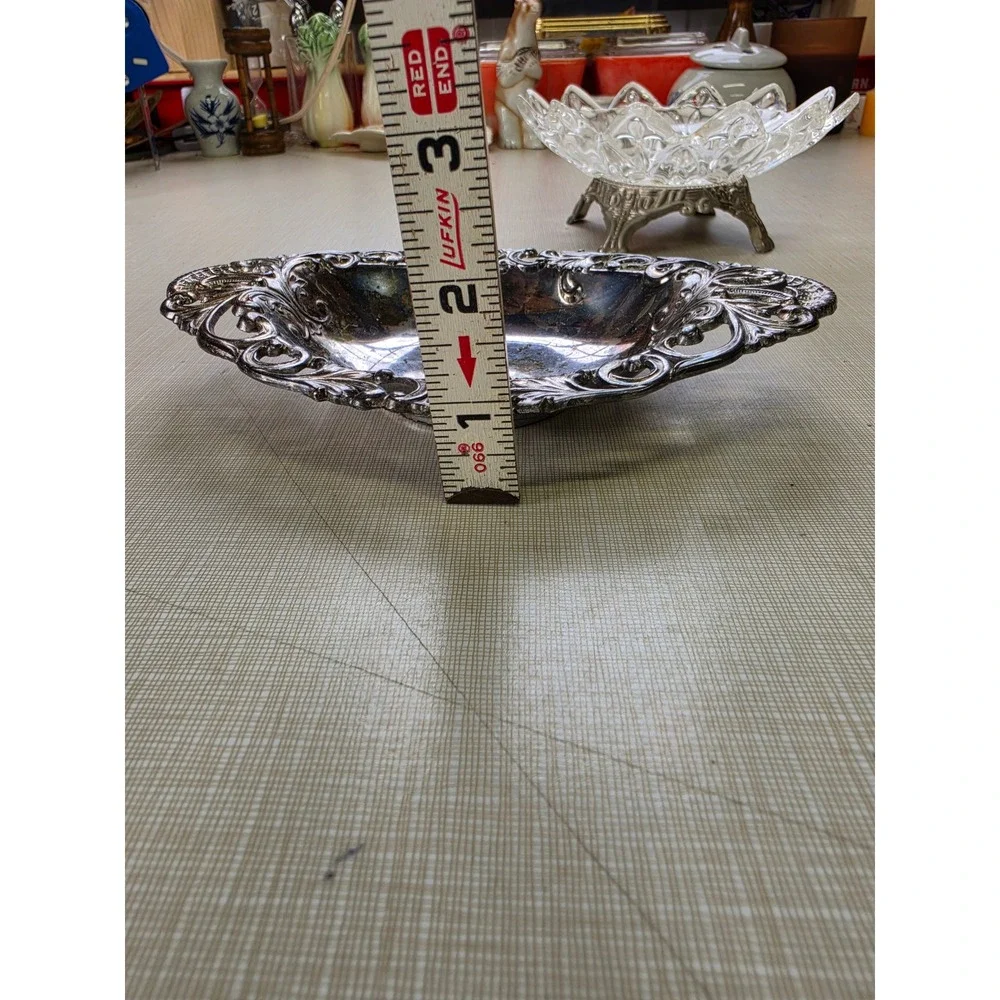 Vintage Footed Glass Trinket Bowl and Silver Tone Filigree Metal Dish Set